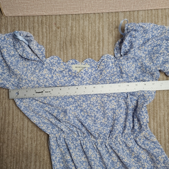 Monteau Women's Medium Blue Floral Print Prairie Midi Dress Scalloped Neck Line - Picture 13 of 13